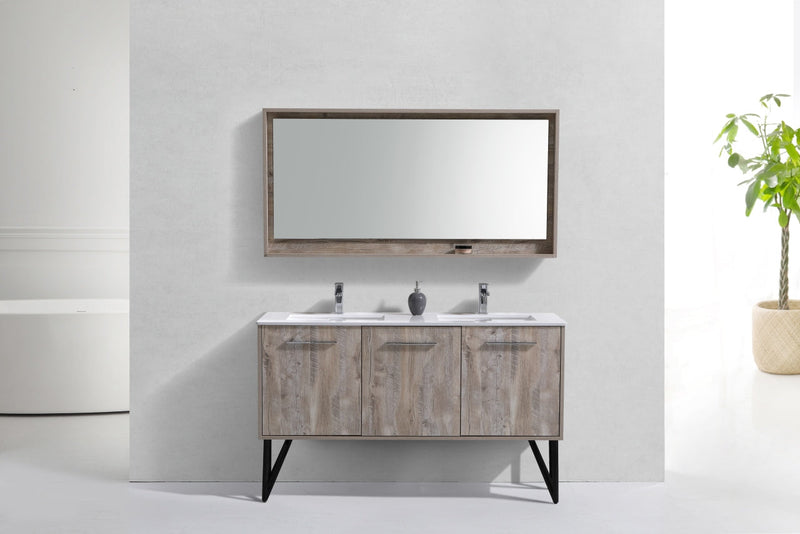 Kube Bath Bosco 60" Naturewood Double Sink Modern Bathroom Vanity w/ Quartz Countertop - KB60DNW