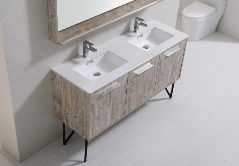 Kube Bath Bosco 60" Naturewood Double Sink Modern Bathroom Vanity w/ Quartz Countertop - KB60DNW