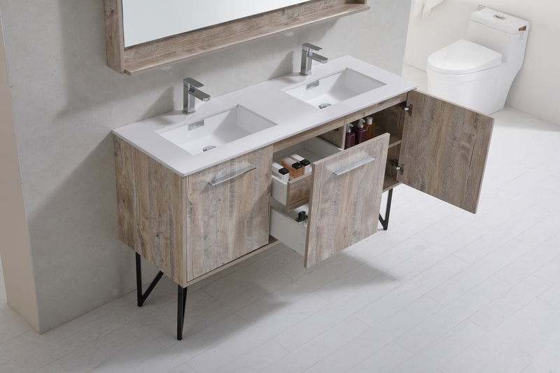 Kube Bath Bosco 60" Naturewood Double Sink Modern Bathroom Vanity w/ Quartz Countertop - KB60DNW