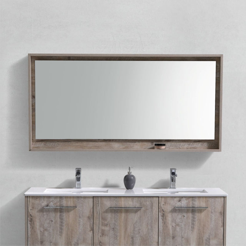 KubeBath Bosco 60" Framed Rectangle Bathroom Mirror With Shelve Nature Wood Finish - KB60NW-M