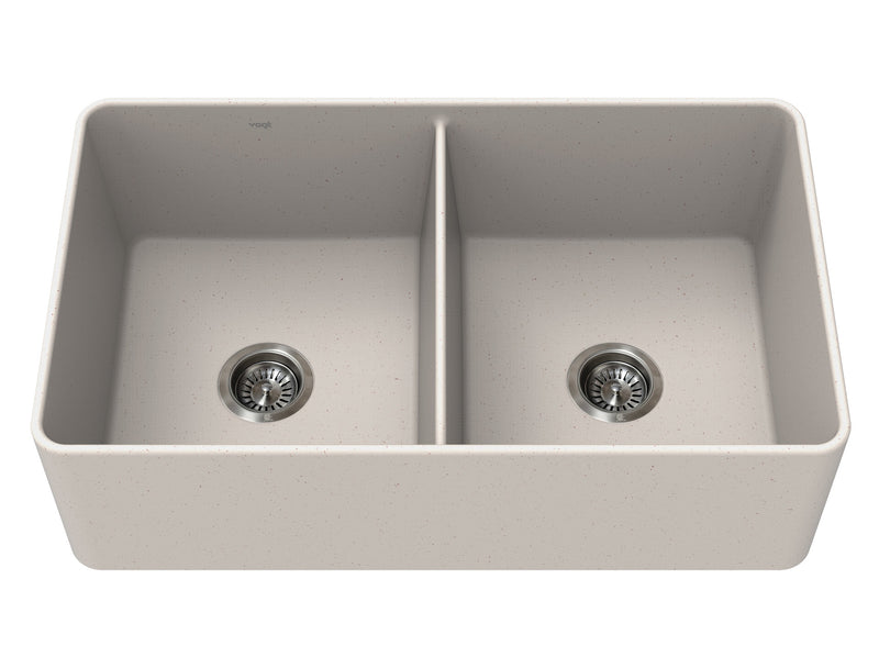 Vogt Kaltenbach GS Apron Front 33" Double-Bowl Vogranite Kitchen Sink – Sand Dune – KS.3319.K06G-61