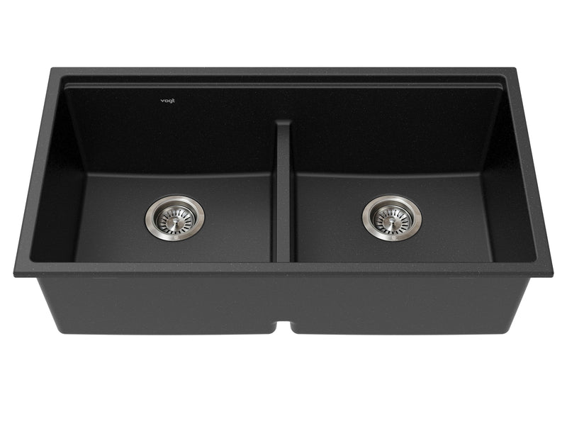 Vogt Drau 3450 GS 34" Low-Divide Double-Bowl Vogranite Kitchen Workstation Sink – Onyx Black – KWS.3419.01D5-65