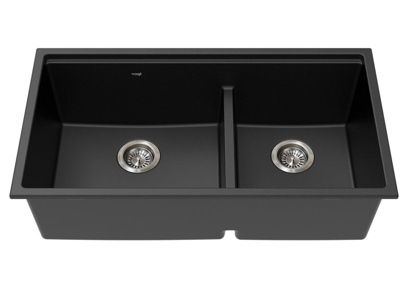 Vogt Drau 3460 GS 34" Low-Divide Offset Double-Bowl Vogranite Kitchen Workstation Sink – Onyx Black – KWS.3419.01D6-65