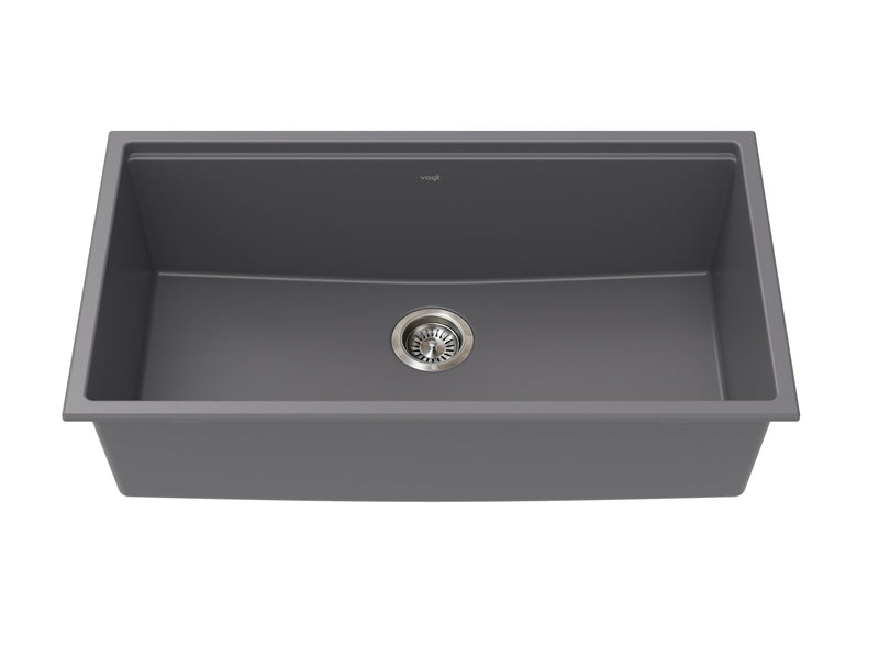 Vogt Drau 34S GS 34" Single-Bowl Vogranite Kitchen Workstation Sink – Metropolitan Grey – KWS.3419.02D1-65