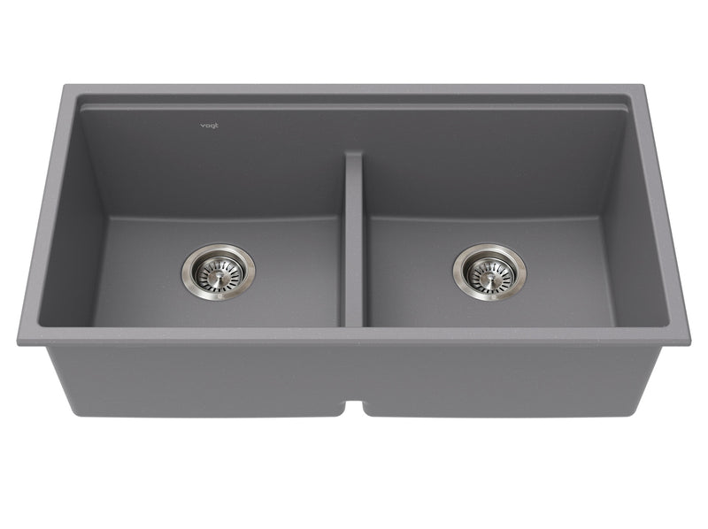 Vogt Drau 3450 GS 34" Low-Divide Double-Bowl Vogranite Kitchen Workstation Sink – Metropolitan Grey – KWS.3419.02D5-65