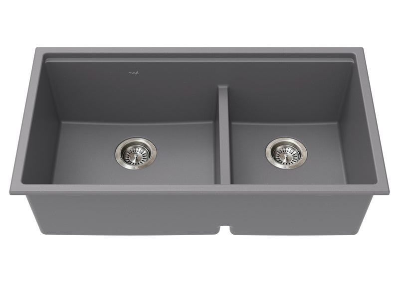 Vogt Drau 3460 GS 34" Low-Divide Offset Double-Bowl Vogranite Kitchen Workstation Sink – Metropolitan Grey – KWS.3419.02D6-65