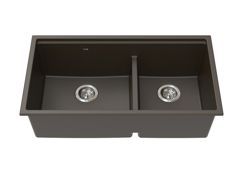 Vogt Drau 3460 GS 34" Low-Divide Offset Double-Bowl Vogranite Kitchen Workstation Sink – Java Brown – KWS.3419.03D6-65