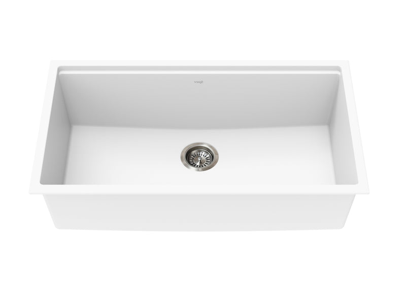 Vogt Drau 34S GS 34" Single-Bowl Vogranite Kitchen Workstation Sink – Frost White – KWS.3419.04D1-65