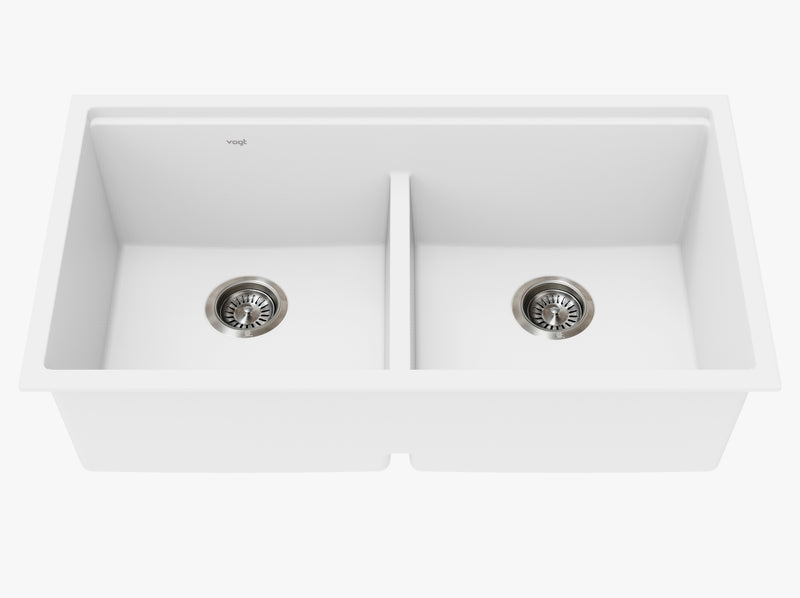 Vogt Drau 3450 GS 34" Low-Divide Double-Bowl Vogranite Kitchen Workstation Sink – Frost White – KWS.3419.04D5-65