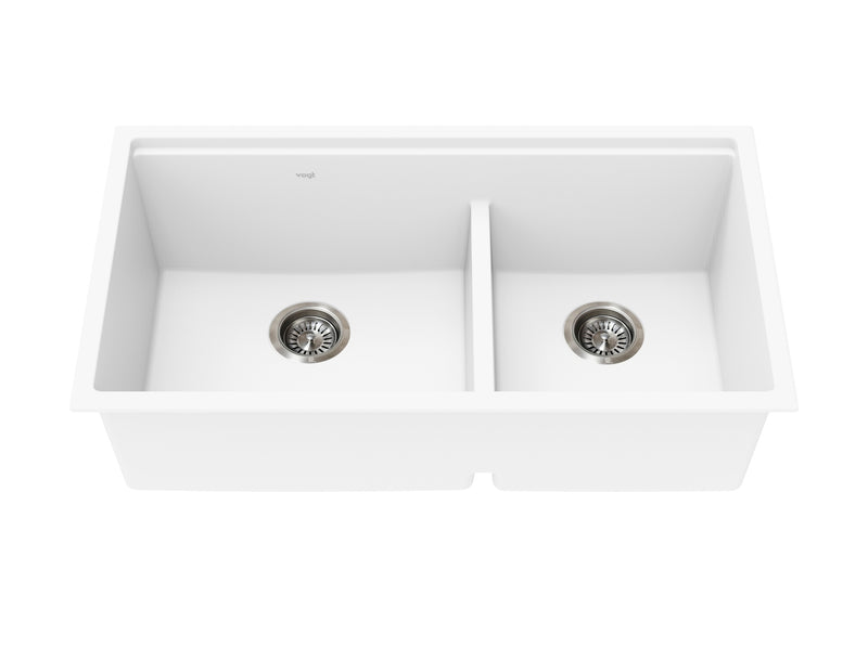 Vogt Drau 3460 GS 34" Low-Divide Offset Double-Bowl Vogranite Kitchen Workstation Sink – Frost White – KWS.3419.04D6-65