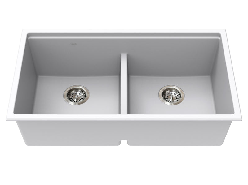 Vogt Drau 3450 GS 34" Low-Divide Double-Bowl Vogranite Kitchen Workstation Sink – Powder Grey – KWS.3419.05D5-65