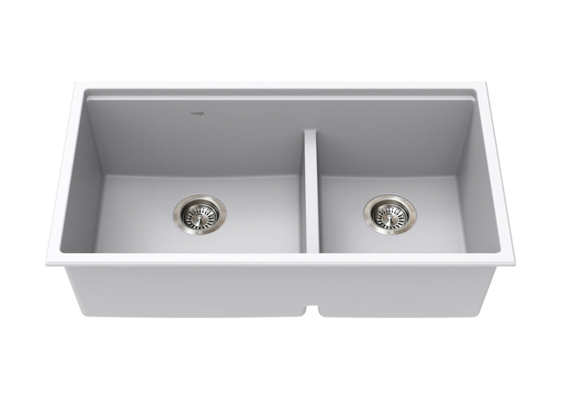 Vogt Drau 3460 GS 34" Low-Divide Offset Double-Bowl Vogranite Kitchen Workstation Sink – Powder Grey – KWS.3419.05D6-65