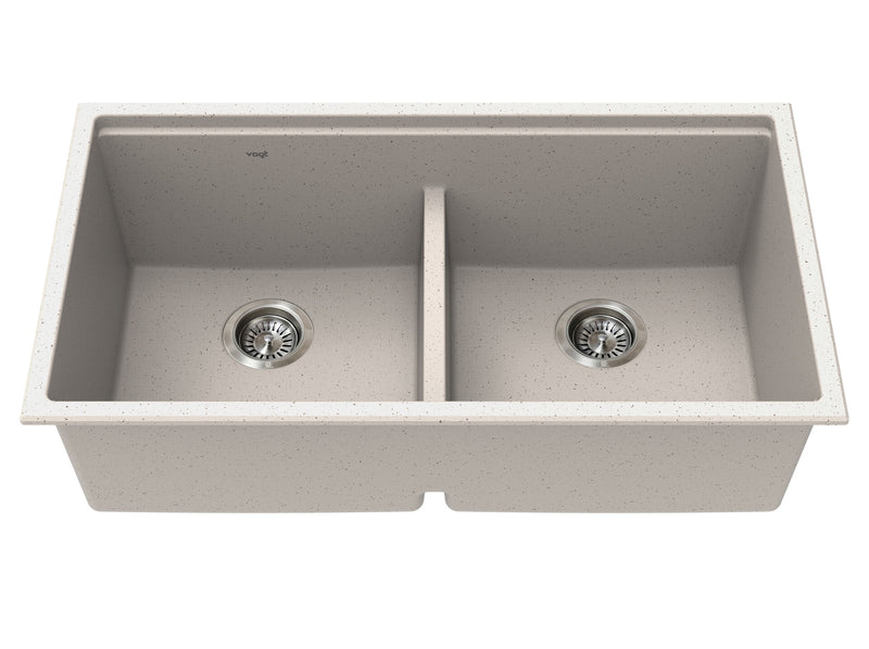 Vogt Drau 3450 GS 34" Low-Divide Double-Bowl Vogranite Kitchen Workstation Sink – Sand Dune – KWS.3419.06D5-65