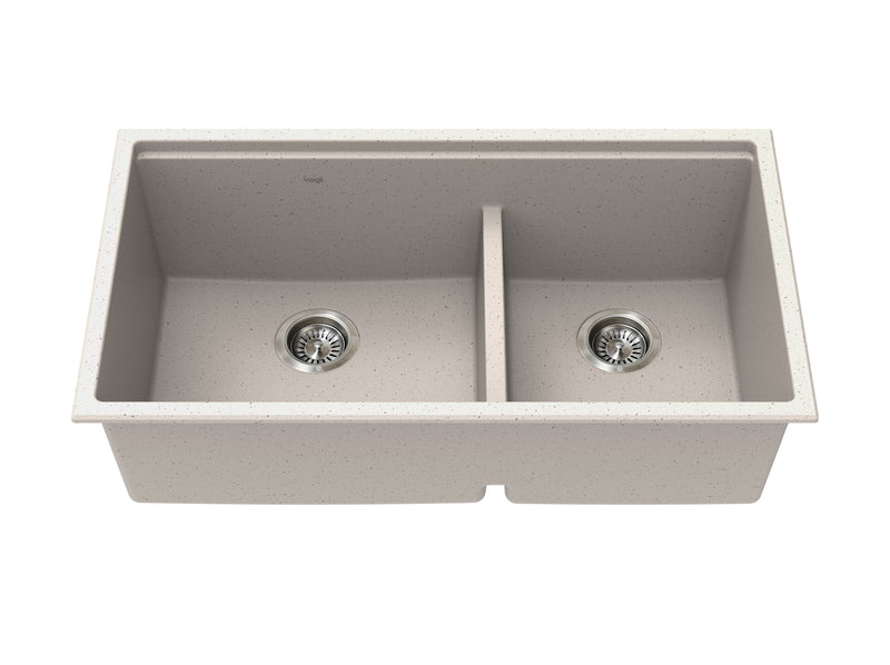 Vogt Drau 3460 GS 34" Low-Divide Offset Double-Bowl Vogranite Kitchen Workstation Sink – Sand Dune – KWS.3419.06D6-65