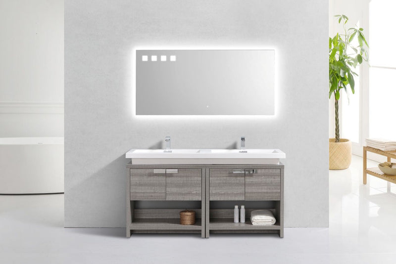 Kube Bath Levi 63" High Gloss Ash Gray Modern Bathroom Vanity w/ Cubby Hole - L1600HGASH