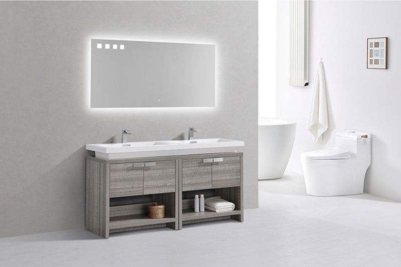 Kube Bath Levi 63" High Gloss Ash Gray Modern Bathroom Vanity w/ Cubby Hole - L1600HGASH