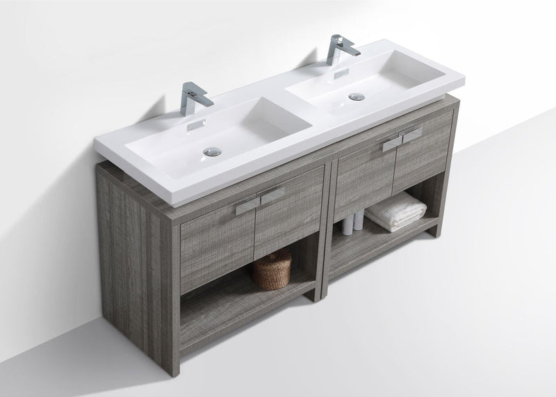 Kube Bath Levi 63" High Gloss Ash Gray Modern Bathroom Vanity w/ Cubby Hole - L1600HGASH