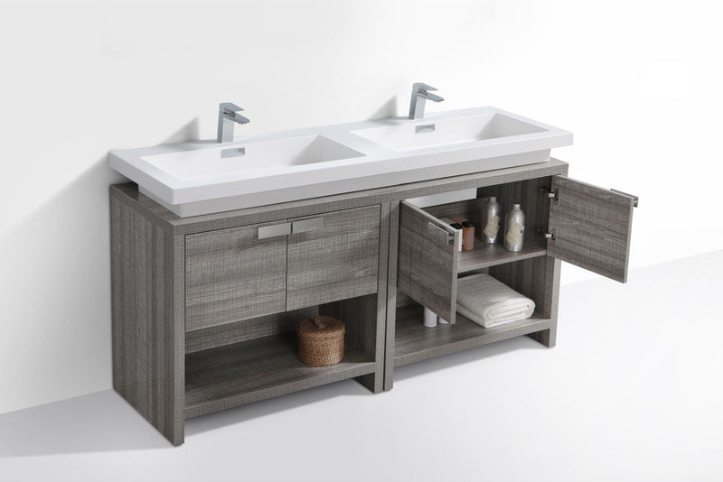 Kube Bath Levi 63" High Gloss Ash Gray Modern Bathroom Vanity w/ Cubby Hole - L1600HGASH