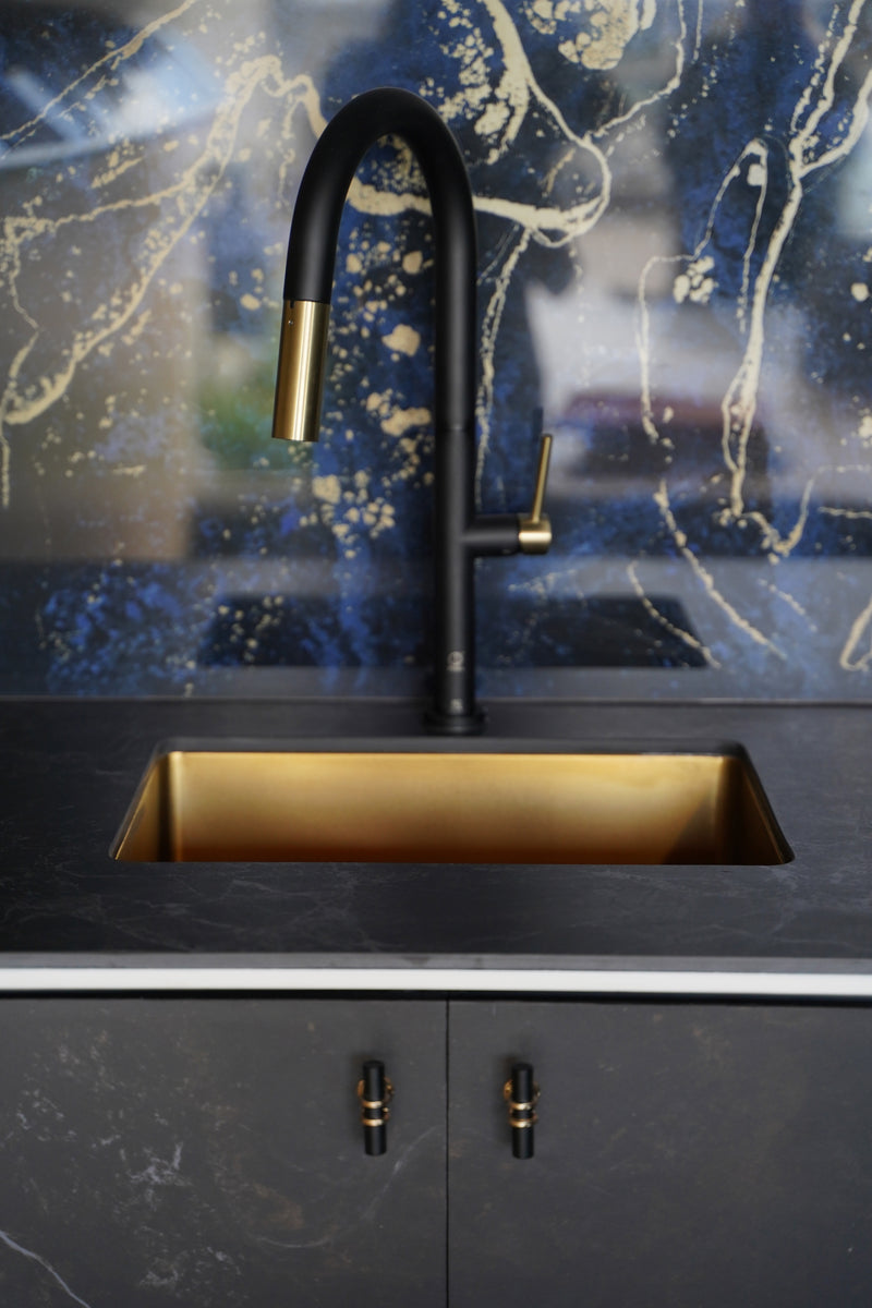 Pearl LENNOX II Pull-Down Dual Spray Kitchen Faucet Matte Black and Ferreira Gold GBF816B-GB