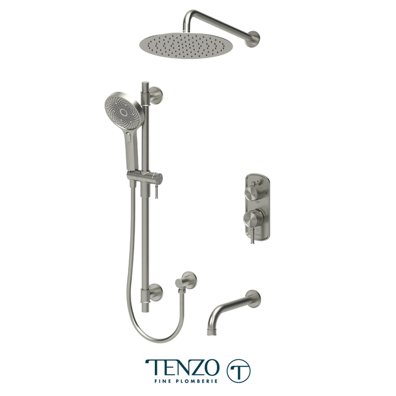 Tenzo Alyss Pressure-Balanced Shower & Tub System with 12" S.S. Rain Head, Hand Shower & Tub Spout – Wall-Mount – Brushed Nickel – ALYPB33-501125-BN