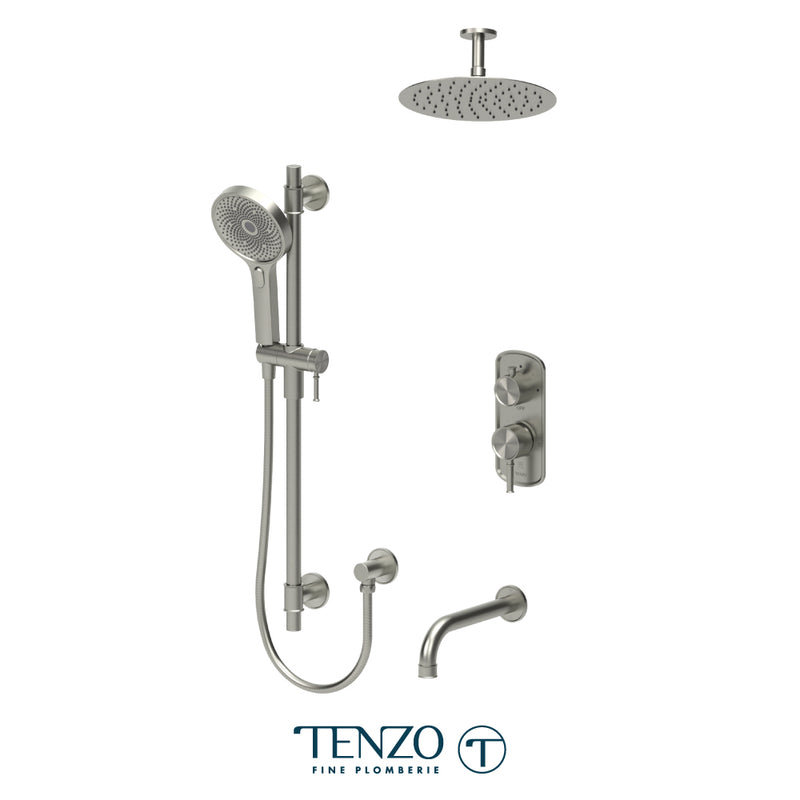 Tenzo Alyss Pressure-Balanced Shower & Tub System with 10" S.S. Rain Head, Hand Shower & Tub Spout – Ceiling-Mount – Brushed Nickel – ALYPB33-511315-BN