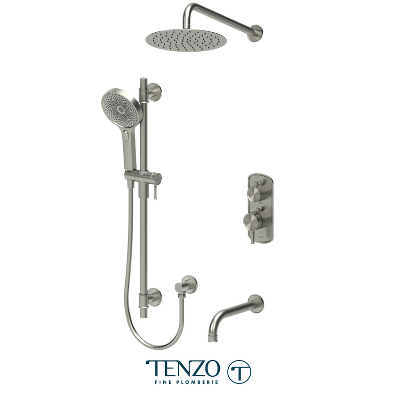 Tenzo Alyss Thermostatic Shower & Tub System with 10" S.S. Rain Head, Hand Shower & Tub Spout – Wall-Mount – Brushed Nickel – ALYT33-501115-BN