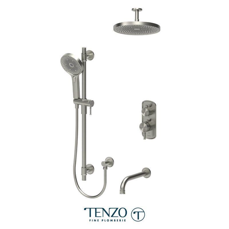 Tenzo Alyss Thermostatic Shower & Tub System with 10" Rain Head, Hand Shower & Tub Spout – Ceiling-Mount – Brushed Nickel – ALYT33-511345-BN