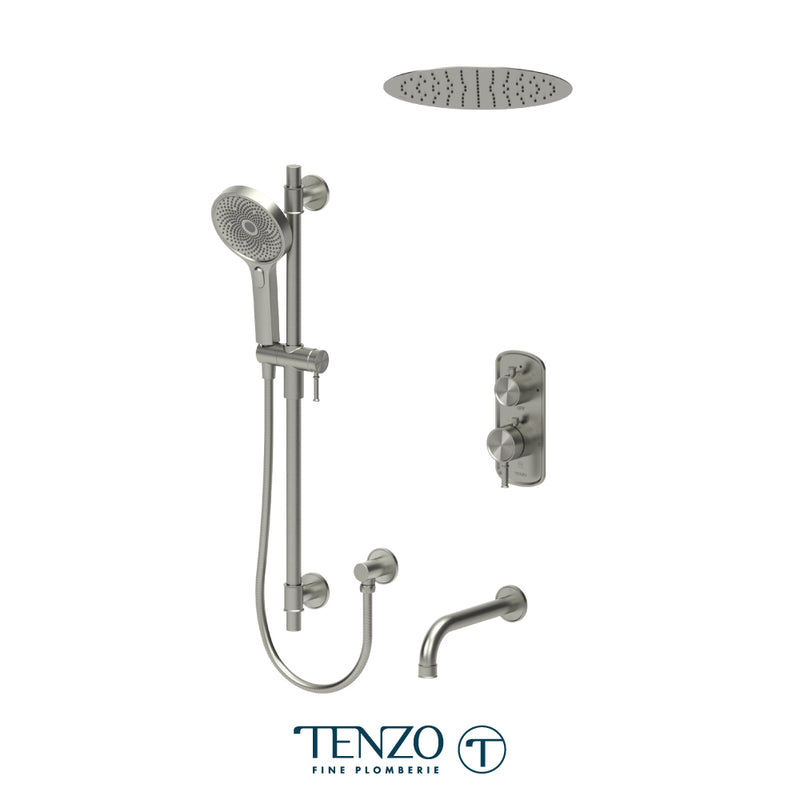 Tenzo Alyss Thermostatic Shower & Tub System with 12" S.S. Rain Head, Hand Shower & Tub Spout – Recessed – Brushed Nickel – ALYT33-511655-BN