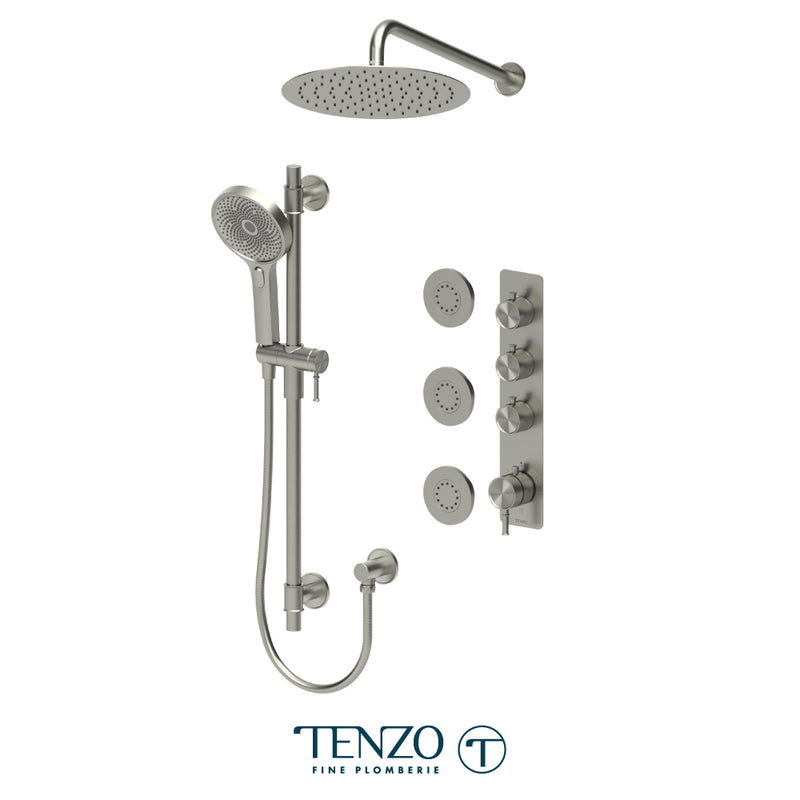 Tenzo Alyss 3/4" Thermostatic Shower System with 12" S.S. Rain Head, Hand Shower & Body Jets – Wall-Mount – Brushed Nickel – ALYT43-571112-BN