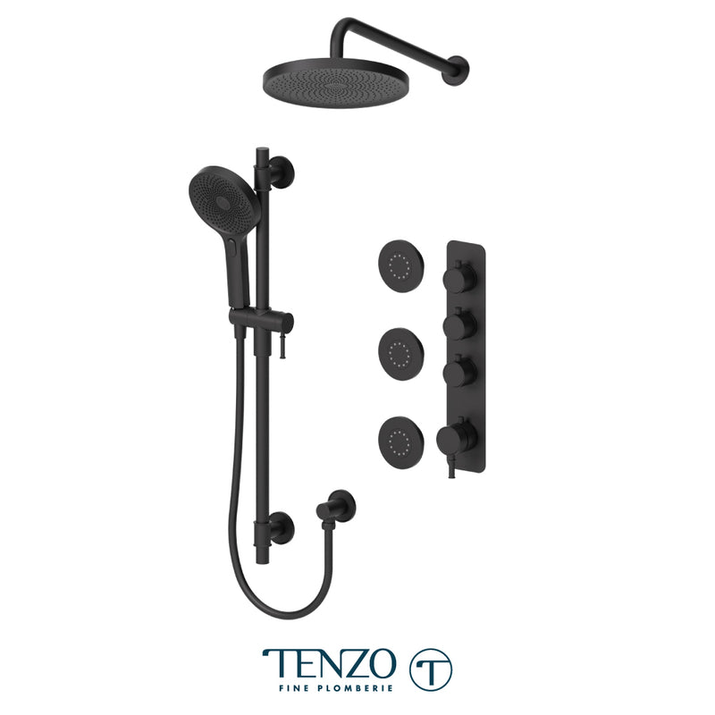 Tenzo Alyss 3/4" Thermostatic Shower System with 10" Rain Head, Hand Shower & Body Jets – Wall-Mount – Matte Black – ALYT43-571114-MB