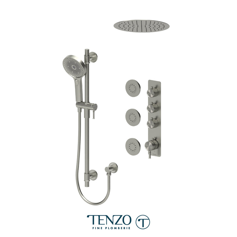 Tenzo Alyss 3/4" Thermostatic Shower System with 12" S.S. Rain Head, Hand Shower & Body Jets – Recessed – Brushed Nickel – ALYT43-601658-BN