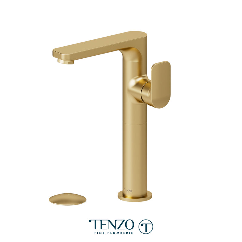Tenzo Delano Single-Hole Vessel Bathroom Faucet with Non-Overflow Drain – Brushed Gold – DE10H-W-BG