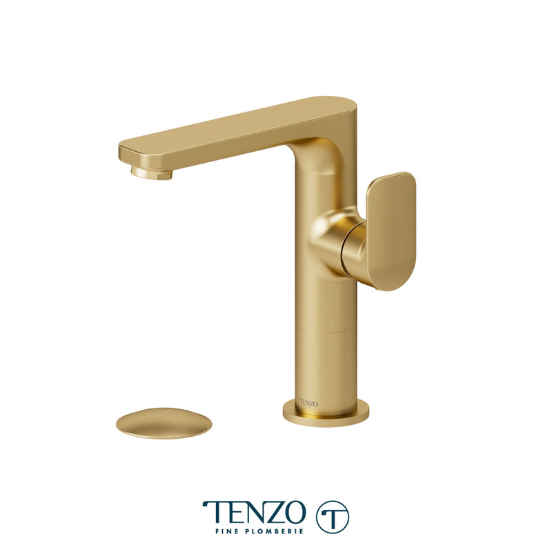 Tenzo Delano Medium-Height Single-Hole Bathroom Faucet with Non-Overflow Drain – Brushed Gold – DE10M-W-BG