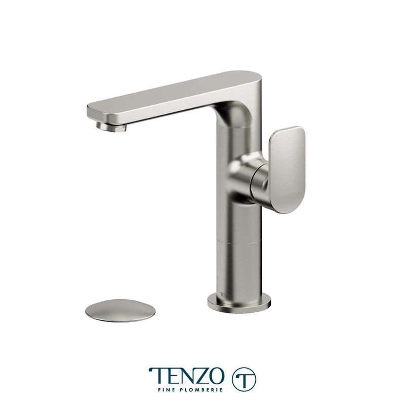 Tenzo Delano Medium-Height Single-Hole Bathroom Faucet with Non-Overflow Drain – Brushed Nickel – DE10M-W-BN