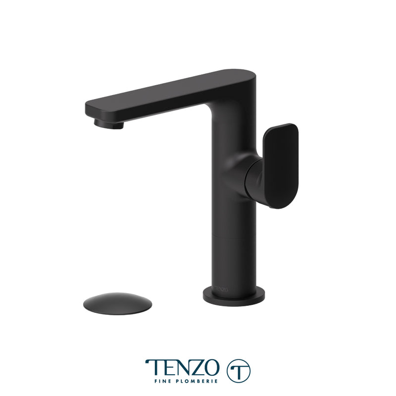 Tenzo Delano Medium-Height Single-Hole Bathroom Faucet with Non-Overflow Drain – Matte Black – DE10M-W-MB