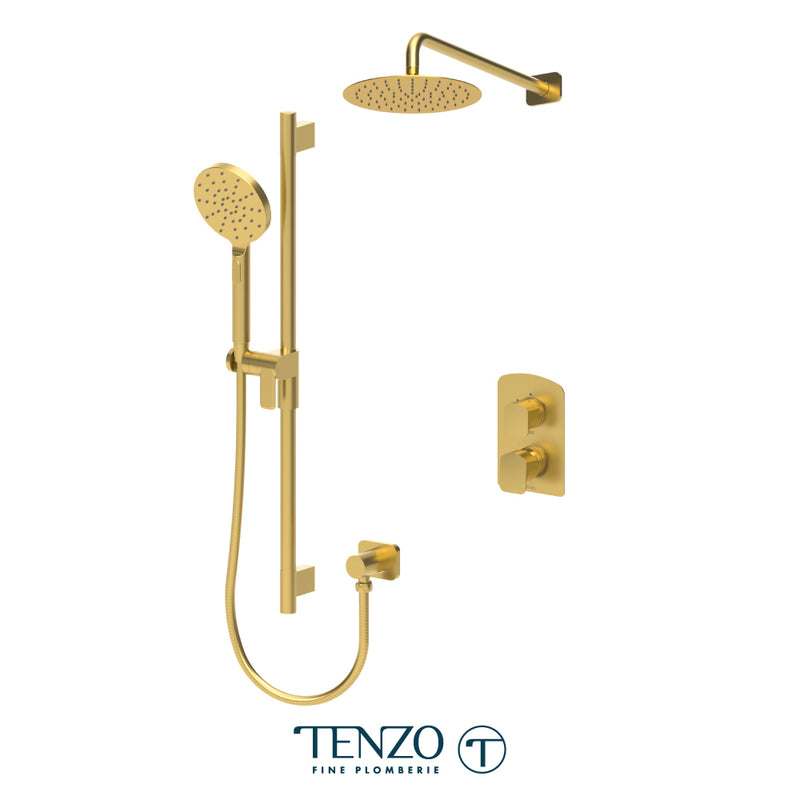 Tenzo Delano Pressure-Balanced Shower System with 10" S.S. Rain Head & Hand Shower – Wall-Mount – Round Trim – Brushed Gold – DEPB32-20111R-BG