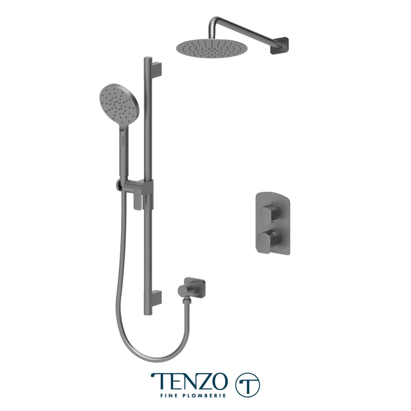 Tenzo Delano Pressure-Balanced Shower System with 10" S.S. Rain Head & Hand Shower – Wall-Mount – Round Trim – Gunmetal – DEPB32-20111R-GM