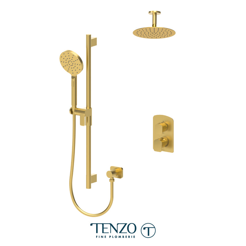 Tenzo Delano Pressure-Balanced Shower System with 10" S.S. Rain Head & Hand Shower – Ceiling-Mount – Round Trim – Brushed Gold – DEPB32-21131R-BG