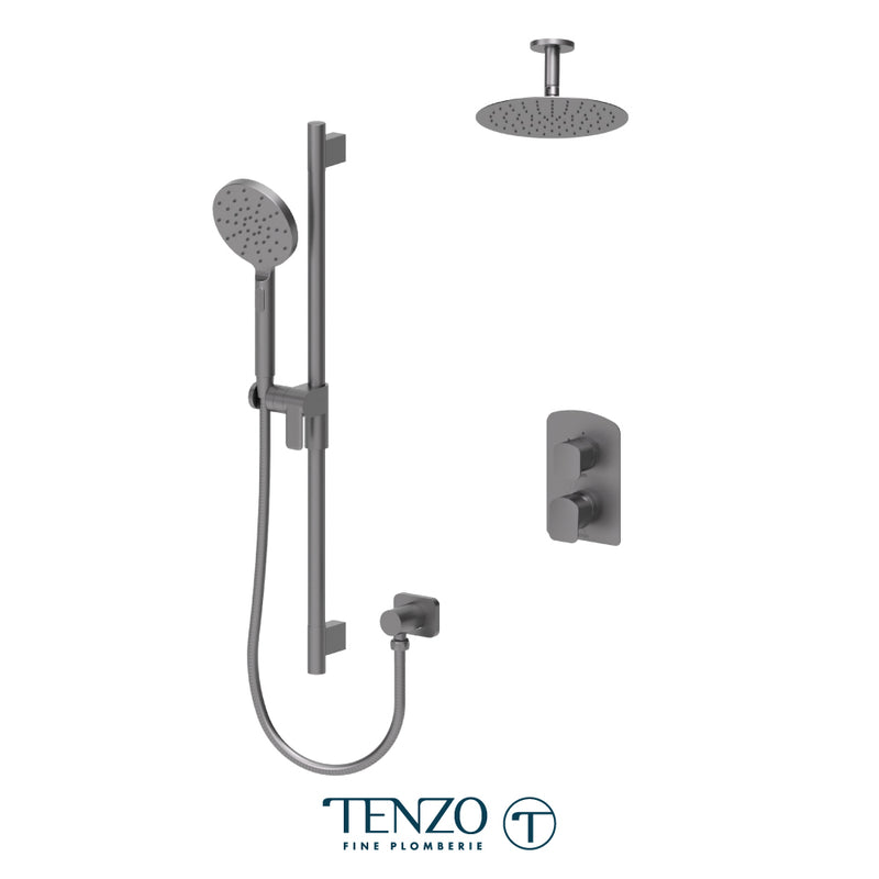 Tenzo Delano Pressure-Balanced Shower System with 10" S.S. Rain Head & Hand Shower – Ceiling-Mount – Round Trim – Gunmetal – DEPB32-21131R-GM