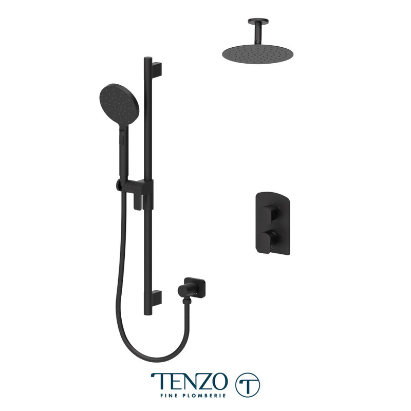 Tenzo Delano Pressure-Balanced Shower System with 10" S.S. Rain Head & Hand Shower – Ceiling-Mount – Round Trim – Matte Black – DEPB32-21131R-MB