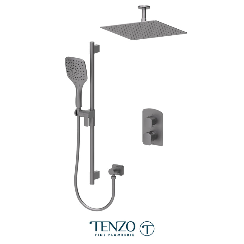 Tenzo Delano Pressure-Balanced Shower System with 12" S.S. Rain Head & Hand Shower – Ceiling-Mount – Gunmetal – DEPB32-21132-GM