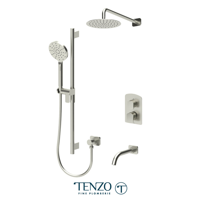 Tenzo Delano Pressure-Balanced Shower & Tub System with 10" S.S. Rain Head, Hand Shower & Tub Spout – Wall-Mount – Round Trim – Brushed Nickel – DEPB33-501115R-BN