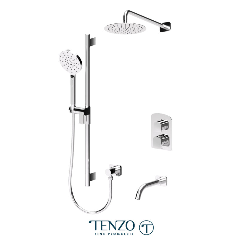 Tenzo Delano Pressure-Balanced Shower & Tub System with 10" S.S. Rain Head, Hand Shower & Tub Spout – Wall-Mount – Round Trim – Chrome – DEPB33-501115R-CR