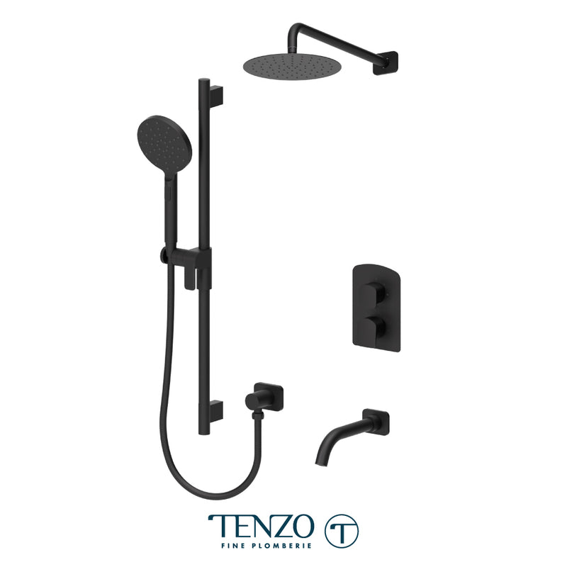 Tenzo Delano Pressure-Balanced Shower & Tub System with 10" S.S. Rain Head, Hand Shower & Tub Spout – Wall-Mount – Round Trim – Matte Black – DEPB33-501115R-MB