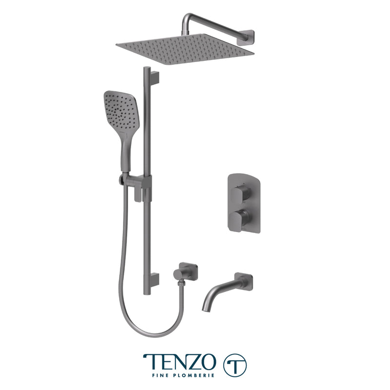 Tenzo Delano Pressure-Balanced Shower & Tub System with 12" S.S. Rain Head, Hand Shower & Tub Spout – Wall-Mount – Gunmetal – DEPB33-501125-GM