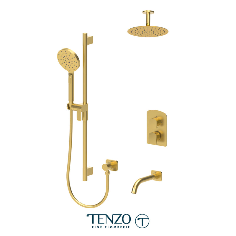 Tenzo Delano Pressure-Balanced Shower & Tub System with 10" S.S. Rain Head, Hand Shower & Tub Spout – Ceiling-Mount – Round Trim – Brushed Gold – DEPB33-511315R-BG