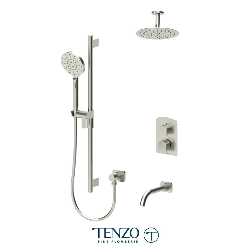Tenzo Delano Pressure-Balanced Shower & Tub System with 10" S.S. Rain Head, Hand Shower & Tub Spout – Ceiling-Mount – Round Trim – Brushed Nickel – DEPB33-511315R-BN