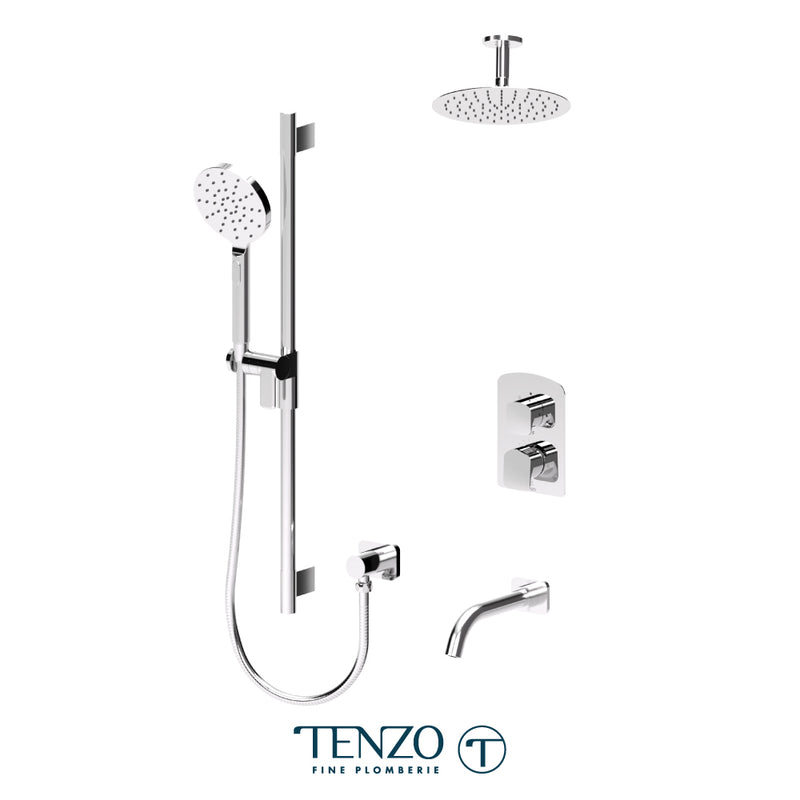 Tenzo Delano Pressure-Balanced Shower & Tub System with 10" S.S. Rain Head, Hand Shower & Tub Spout – Ceiling-Mount – Round Trim – Chrome – DEPB33-511315R-CR