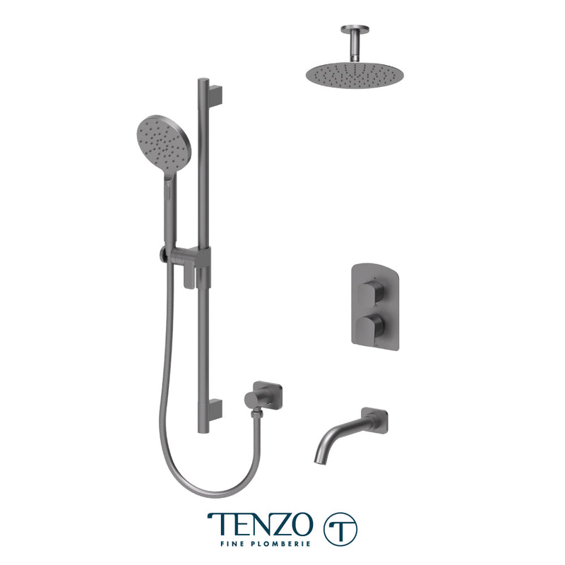 Tenzo Delano Pressure-Balanced Shower & Tub System with 10" S.S. Rain Head, Hand Shower & Tub Spout – Ceiling-Mount – Round Trim – Gunmetal – DEPB33-511315R-GM