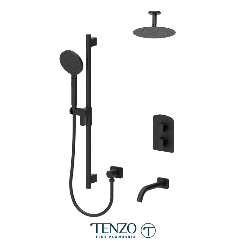 Tenzo Delano Pressure-Balanced Shower & Tub System with 10" S.S. Rain Head, Hand Shower & Tub Spout – Ceiling-Mount – Round Trim – Matte Black – DEPB33-511315R-MB